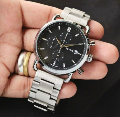 Fossil Silver Stainless Steel Strap Black Dial