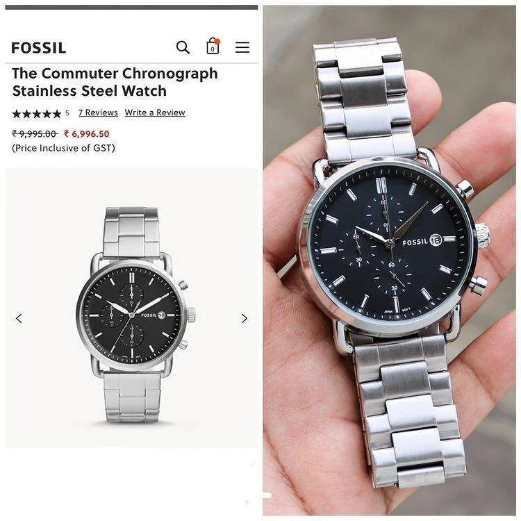 Fossil Silver Stainless Steel Strap Black Dial