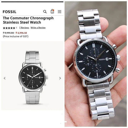 Fossil Silver Stainless Steel Strap Black Dial