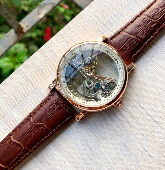 Patek Philippe Skeleton Rose Gold Leather Strap Watch